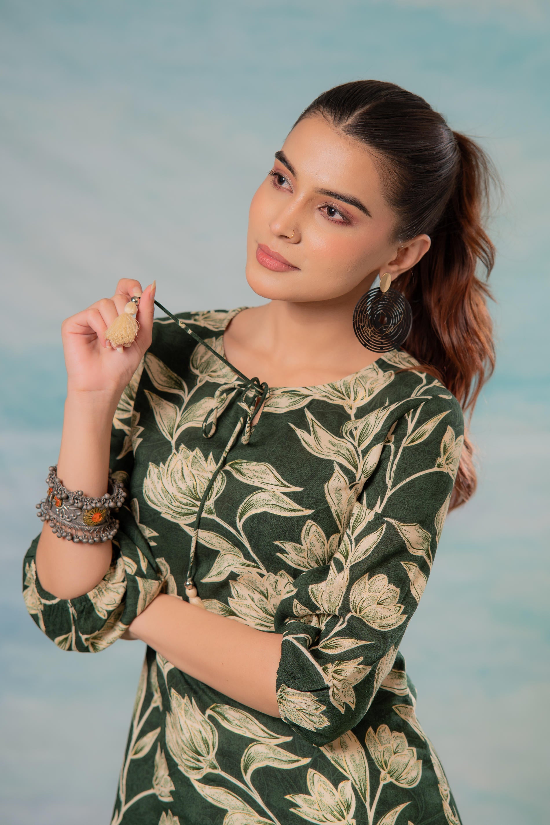 Juniper Green Floral Printed Viscose Tunic