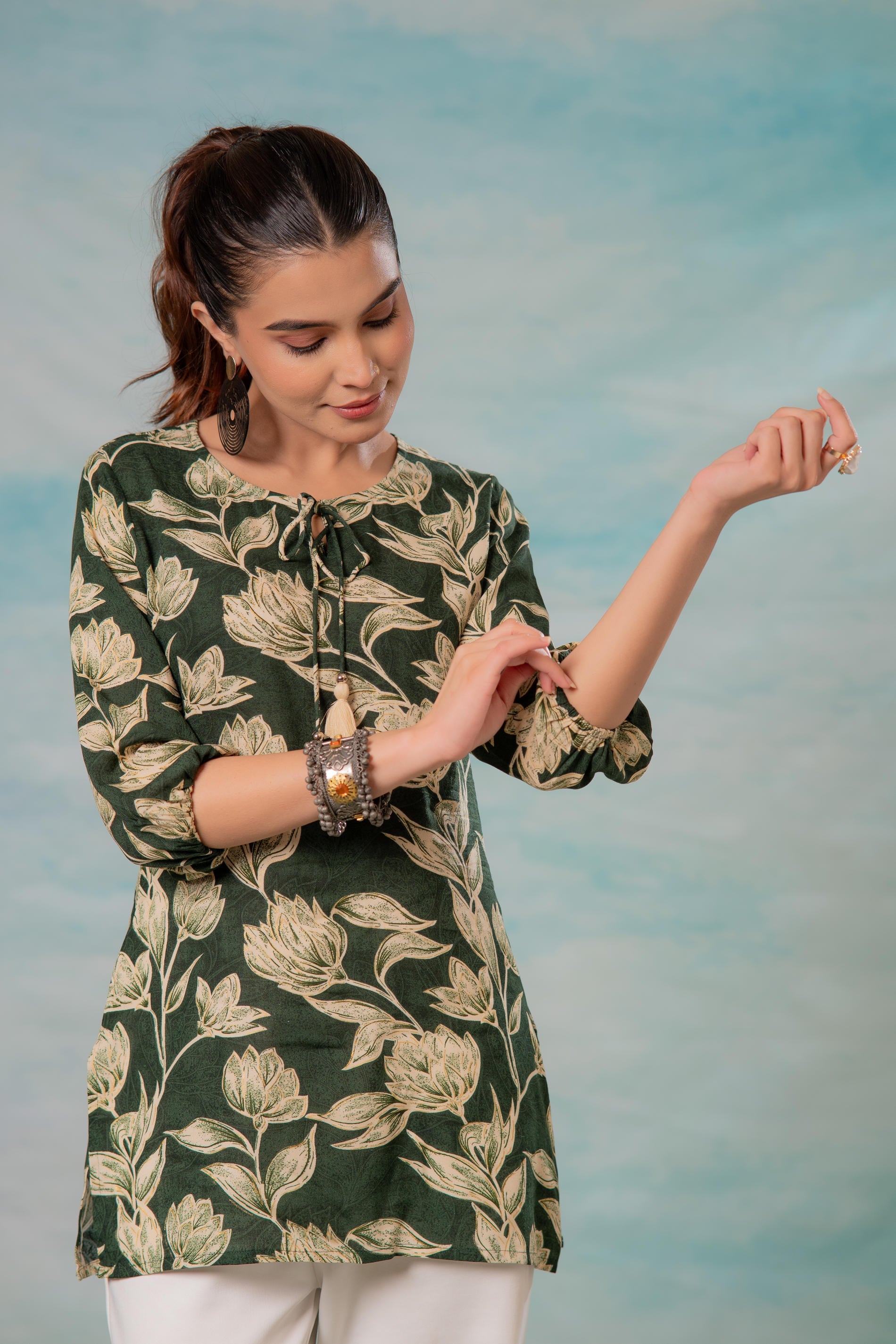 Juniper Green Floral Printed Viscose Tunic