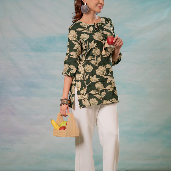 Juniper Green Floral Printed Viscose Tunic