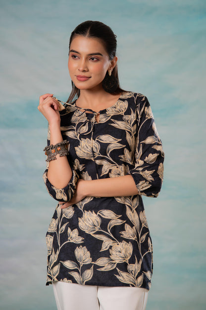 Juniper Grey Floral Printed Viscose Tunic - Distacart