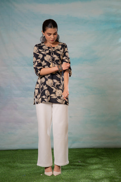 Juniper Grey Floral Printed Viscose Tunic - Distacart