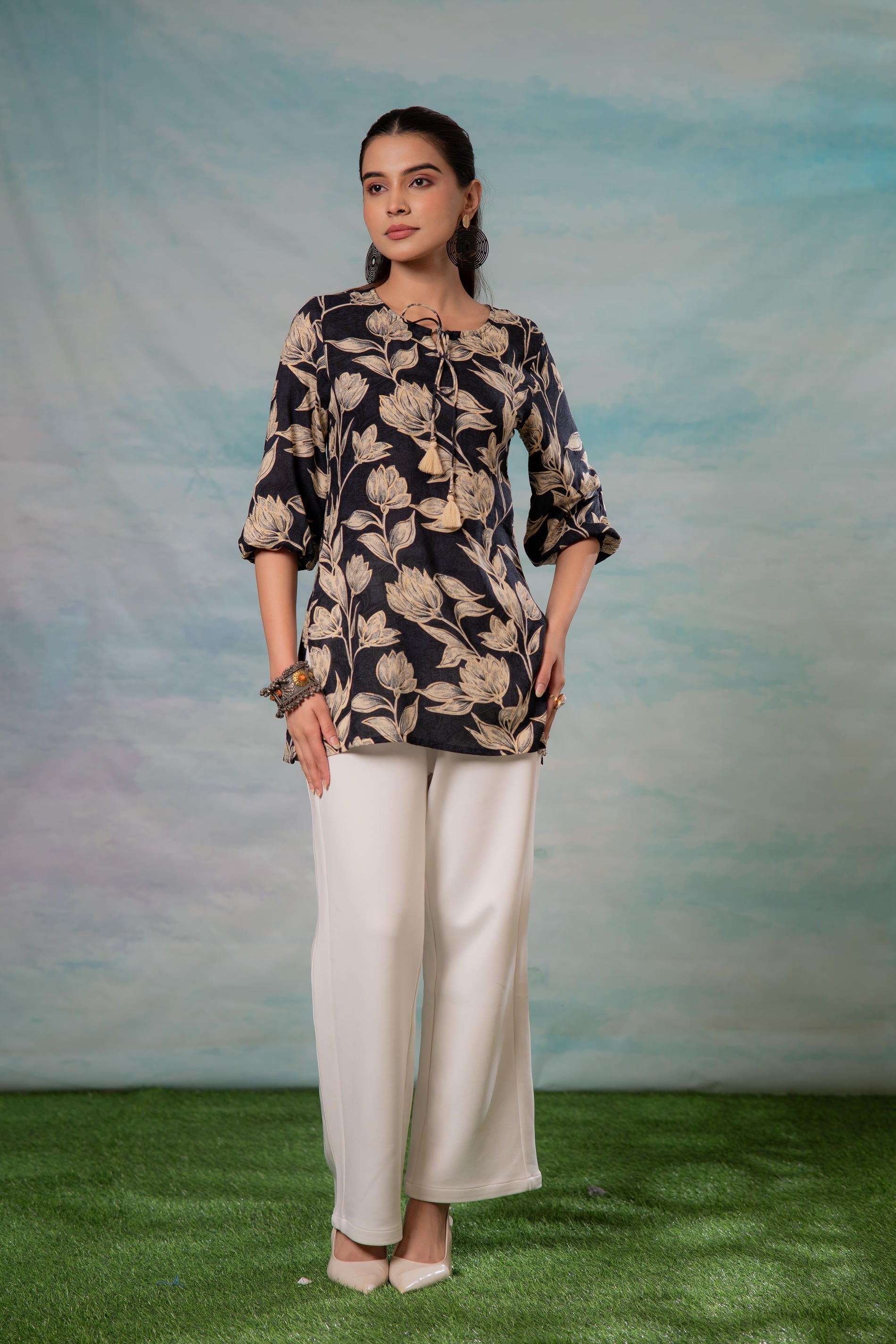 Juniper Grey Floral Printed Viscose Tunic