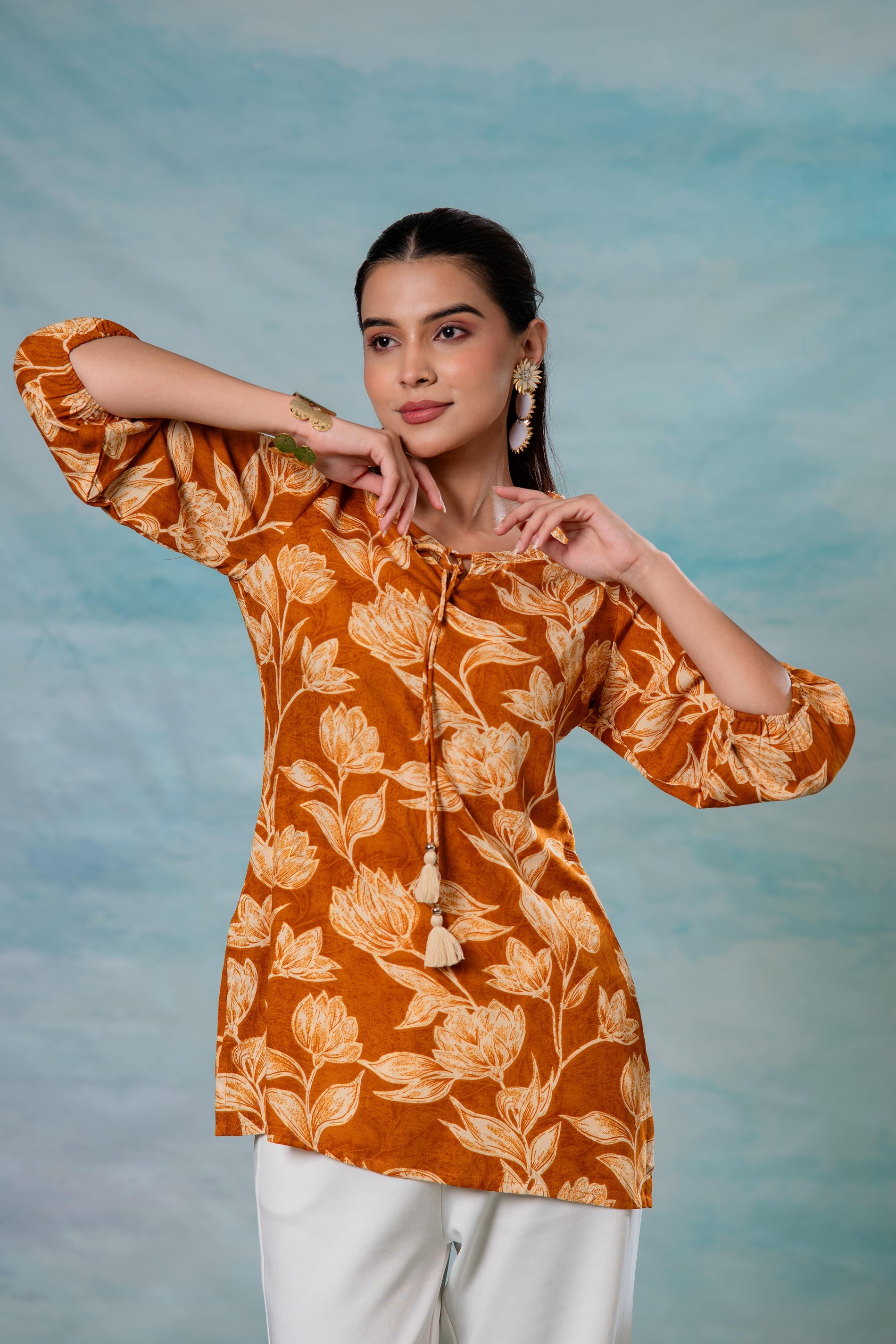 Juniper Mustard Floral Printed Viscose Tunic