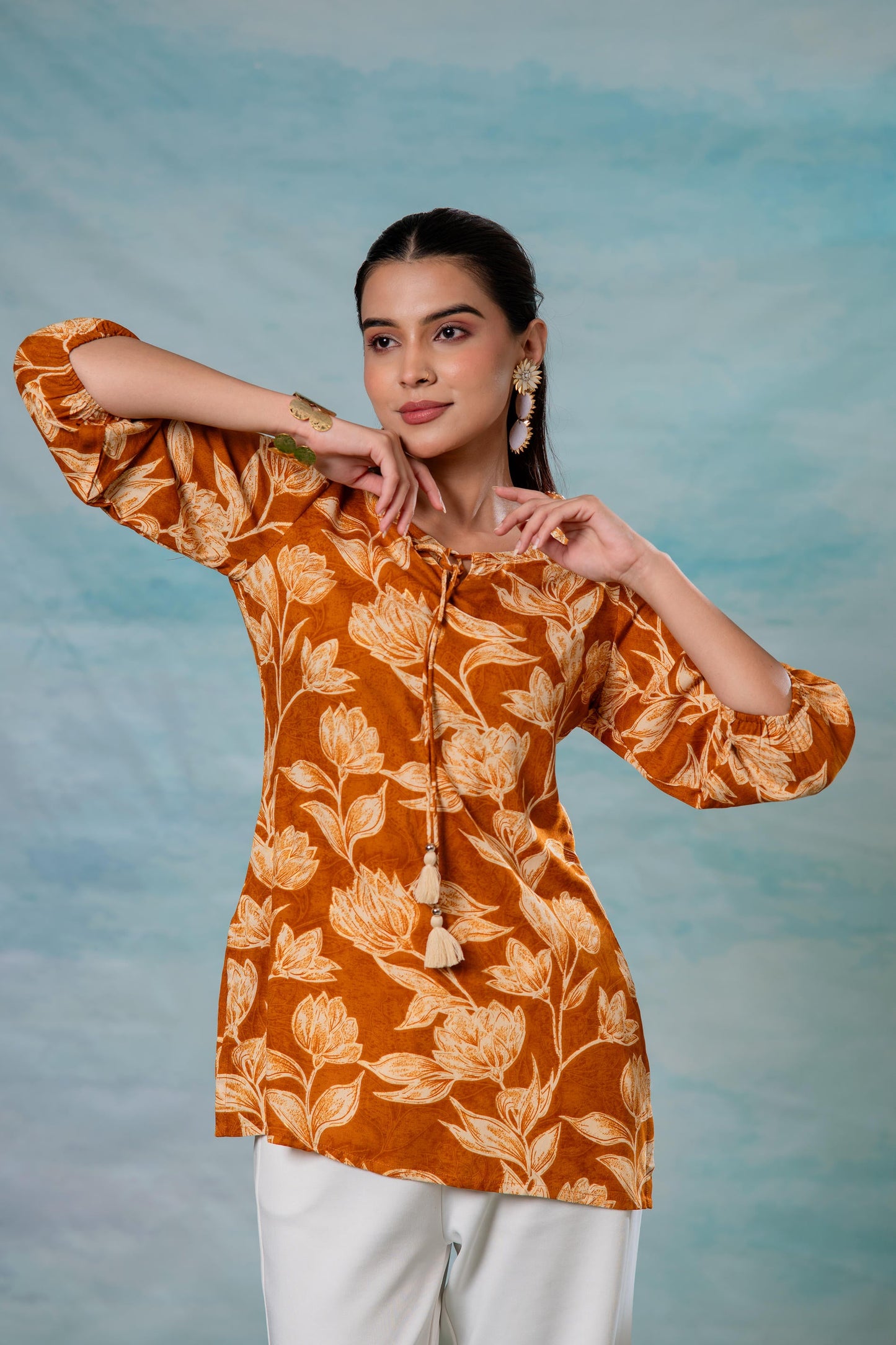 Juniper Mustard Floral Printed Viscose Tunic - Distacart