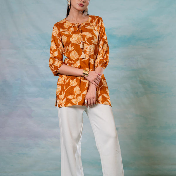 Juniper Mustard Floral Printed Viscose Tunic