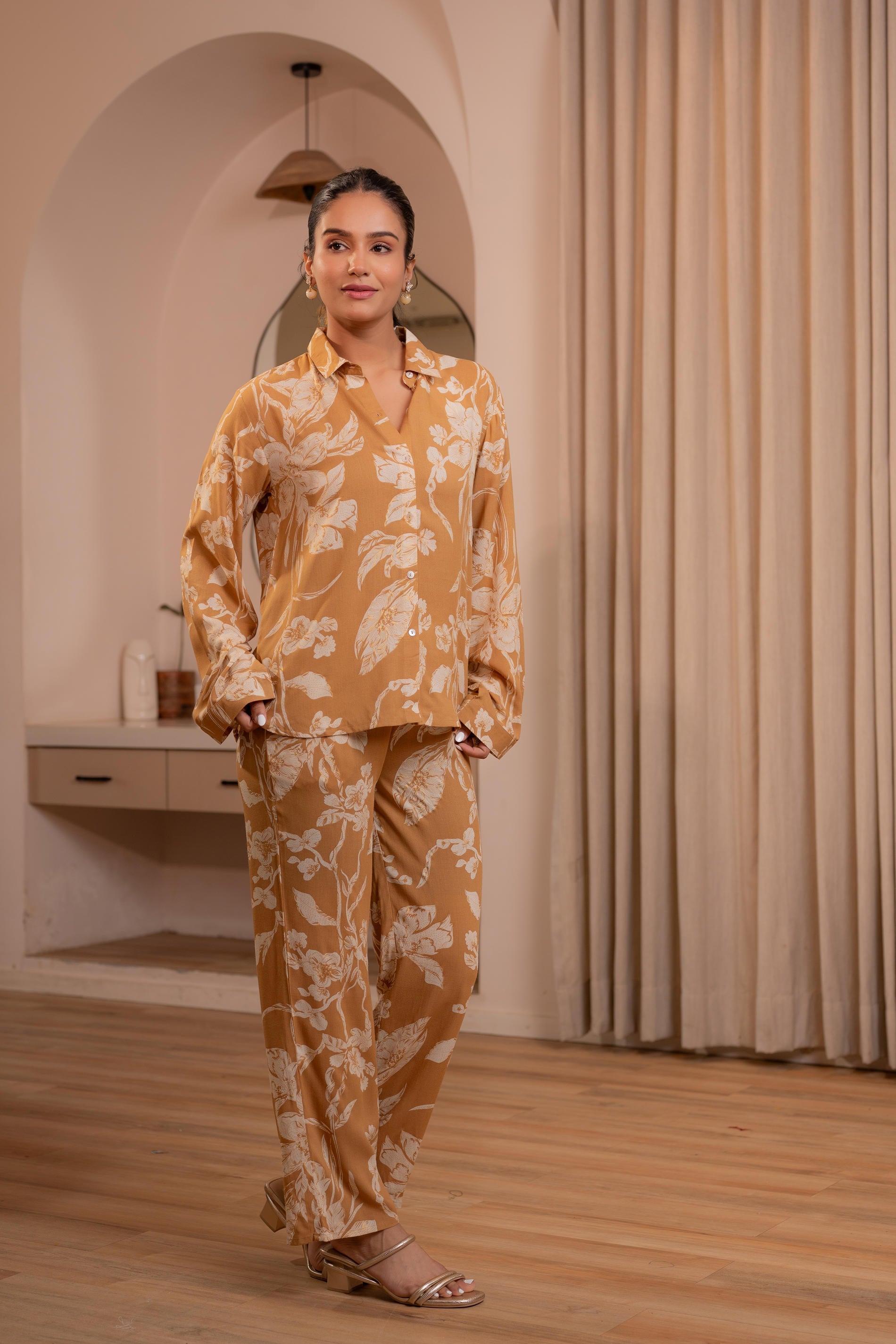 Juniper Mustard Floral Printed Co-Ord Set With Button Details