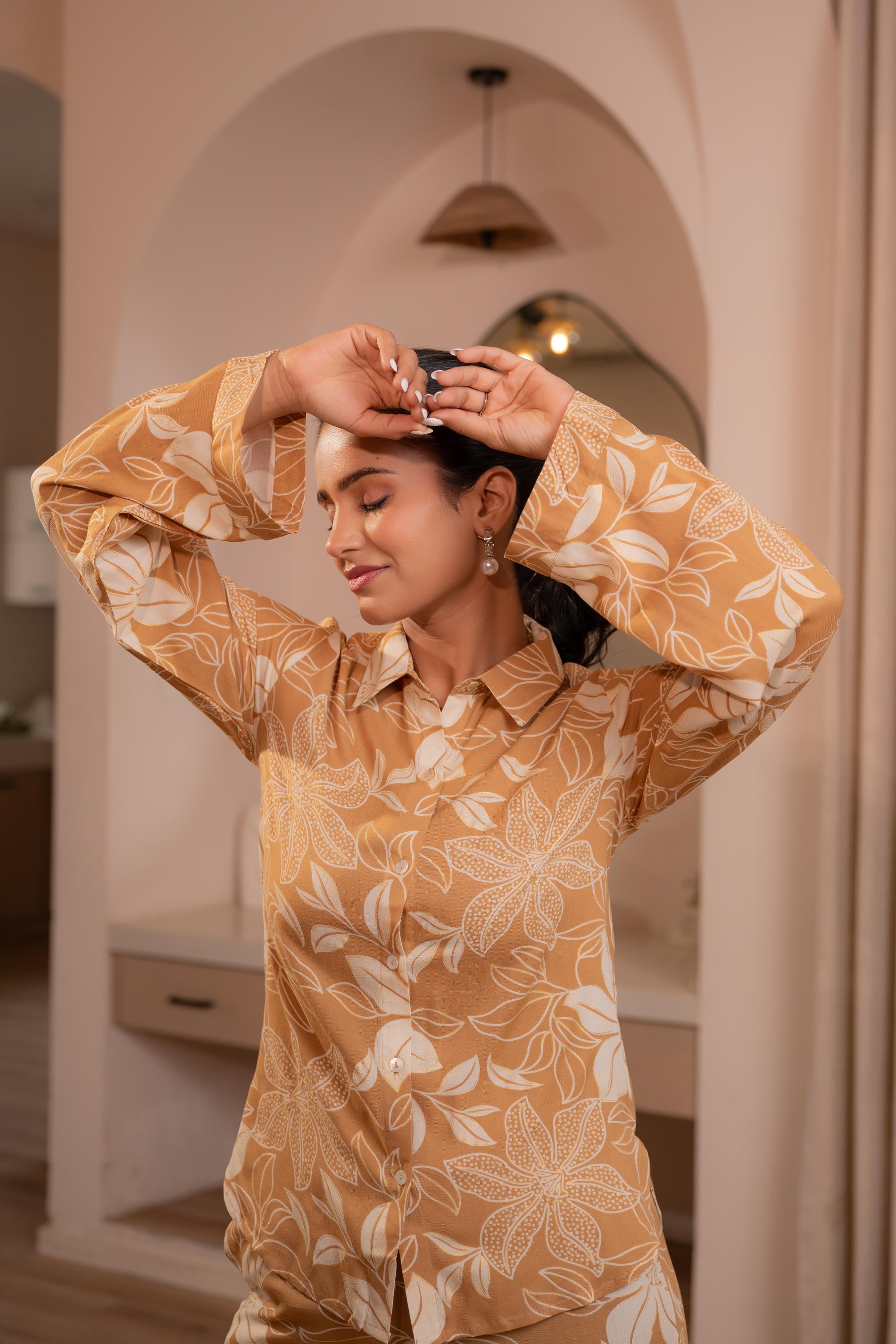 Juniper Brown Floral Printed Co-Ord Set With Button Details