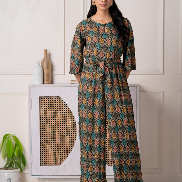Juniper Green Floral Printed Viscose Jumpsuit With Belt