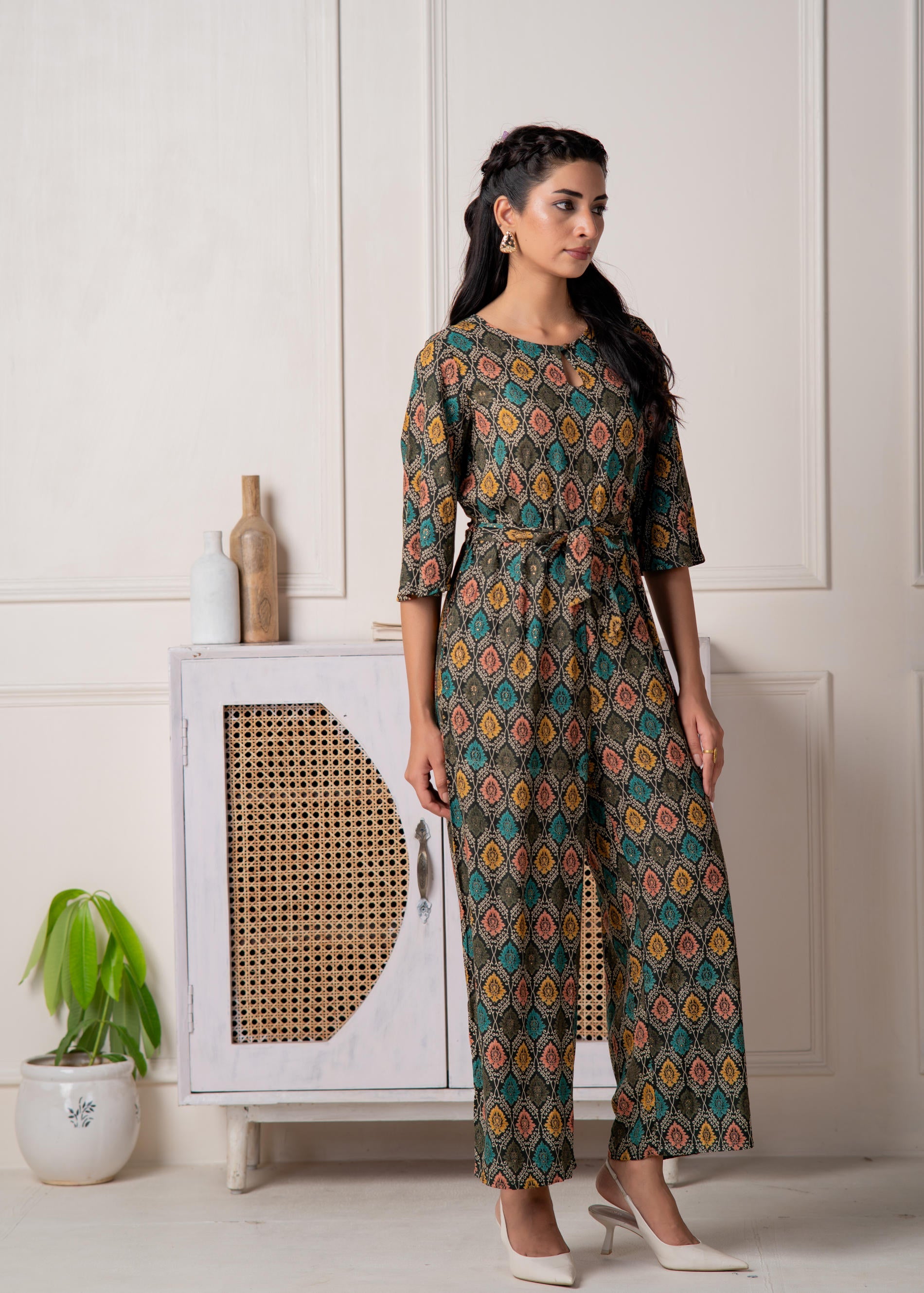 Juniper Green Floral Printed Viscose Jumpsuit With Belt