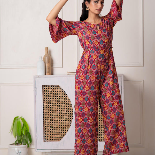 Juniper Red Floral Printed Viscose Jumpsuit With Belt