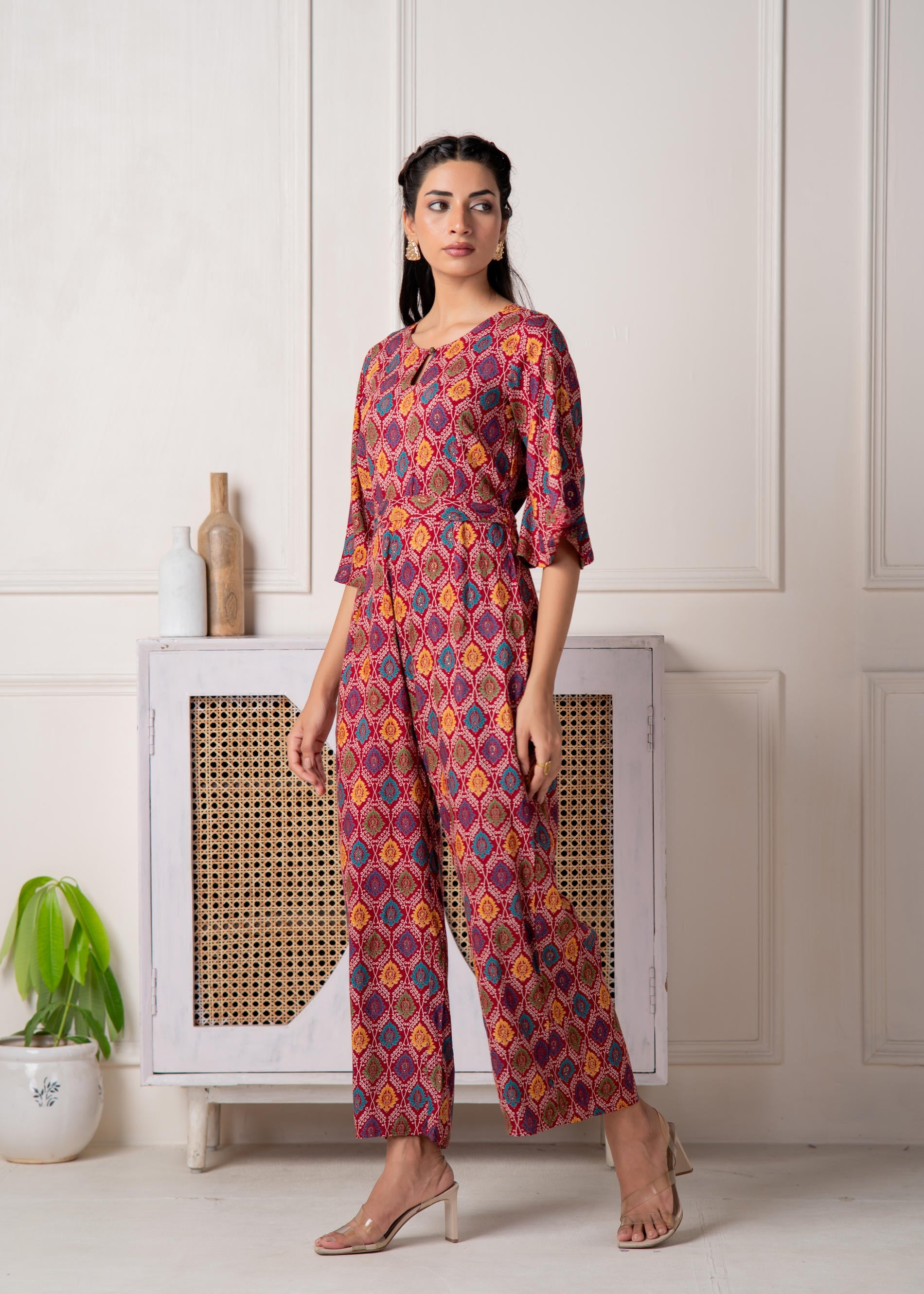 Juniper Red Floral Printed Viscose Jumpsuit With Belt