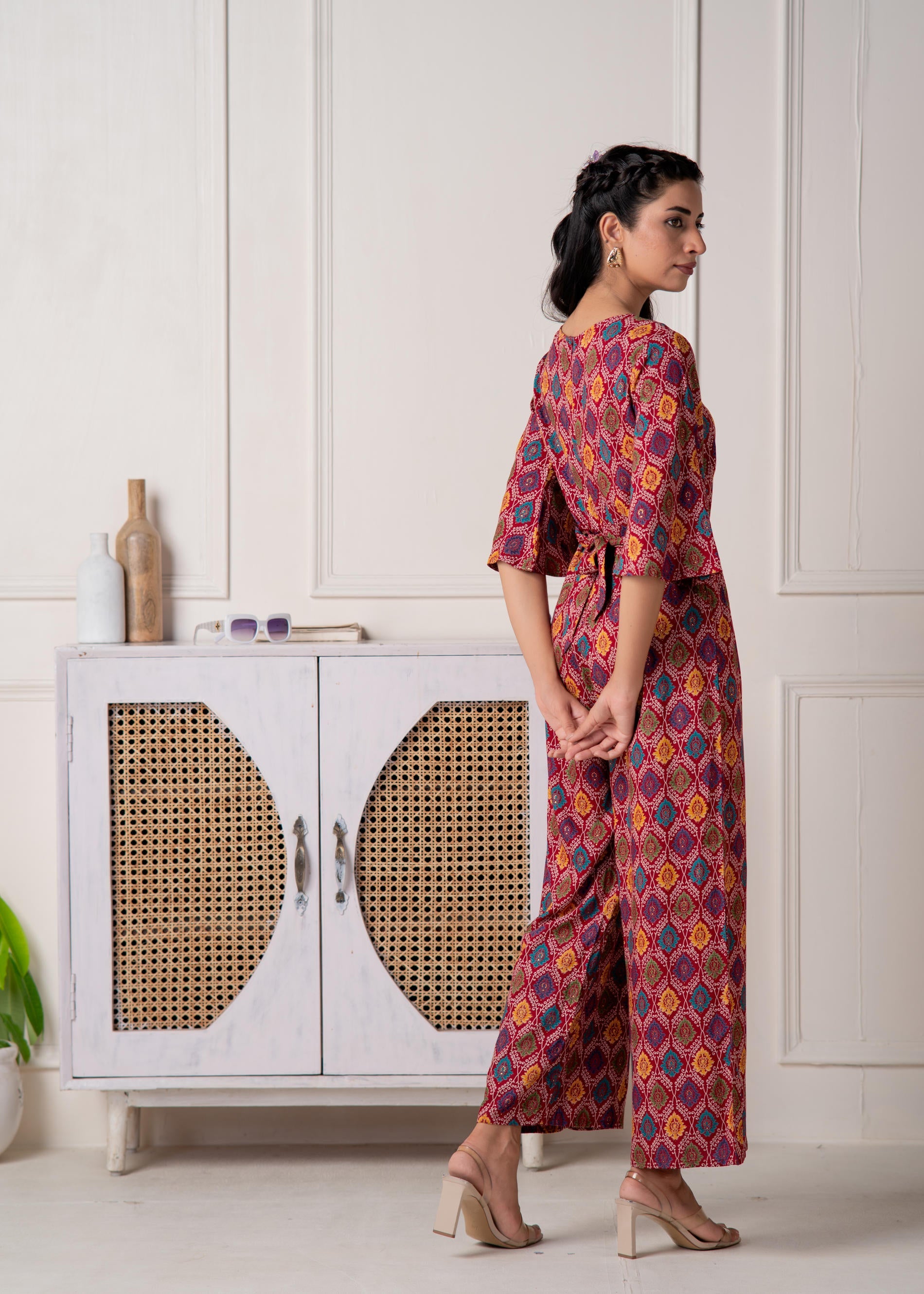 Juniper Red Floral Printed Viscose Jumpsuit With Belt