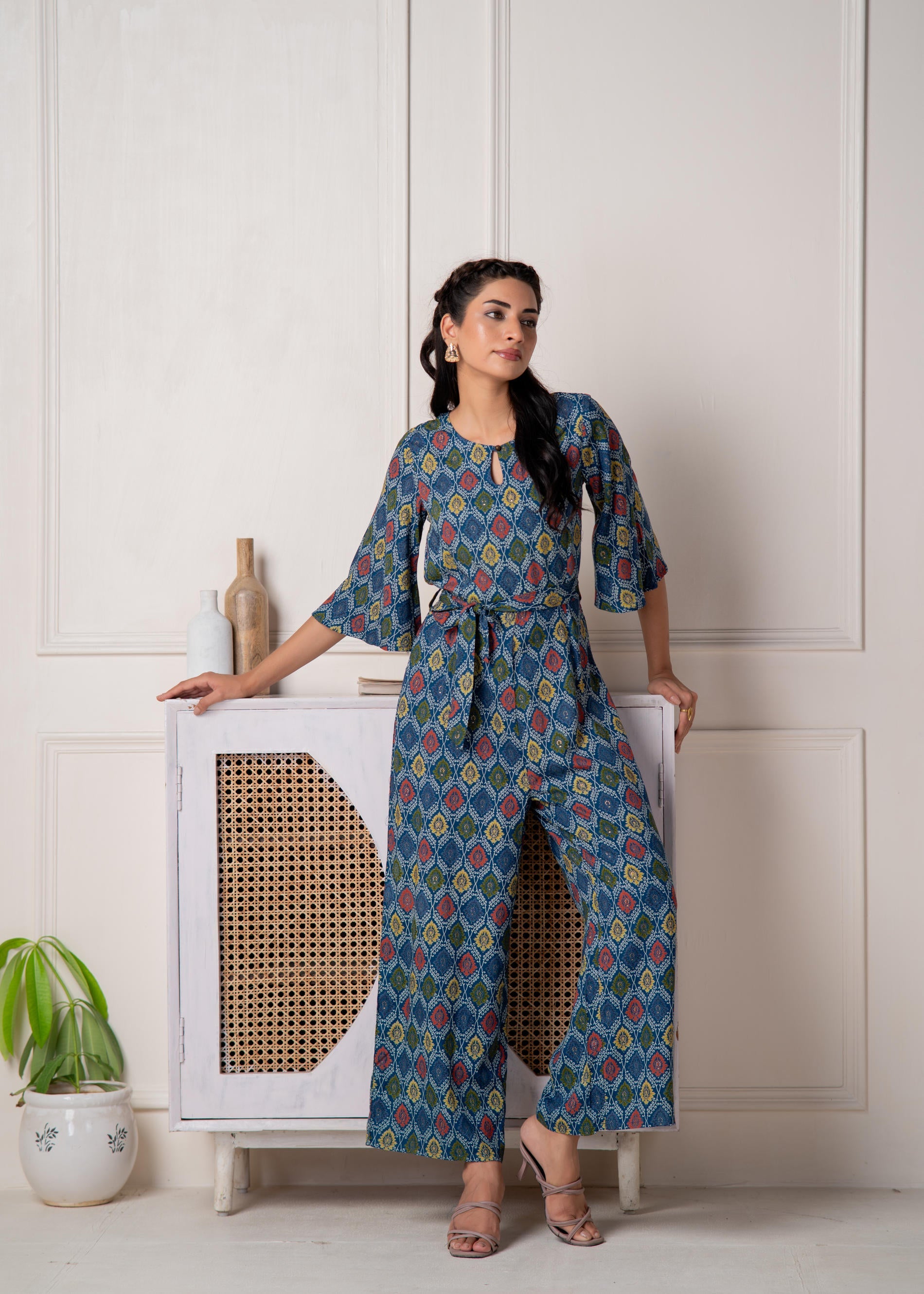 Juniper Teal Floral Printed Viscose Jumpsuit With Belt