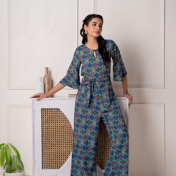 Juniper Teal Floral Printed Viscose Jumpsuit With Belt