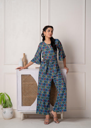 Juniper Teal Floral Printed Viscose Jumpsuit With Belt