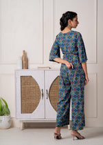 Thumbnail for Juniper Teal Floral Printed Viscose Jumpsuit With Belt