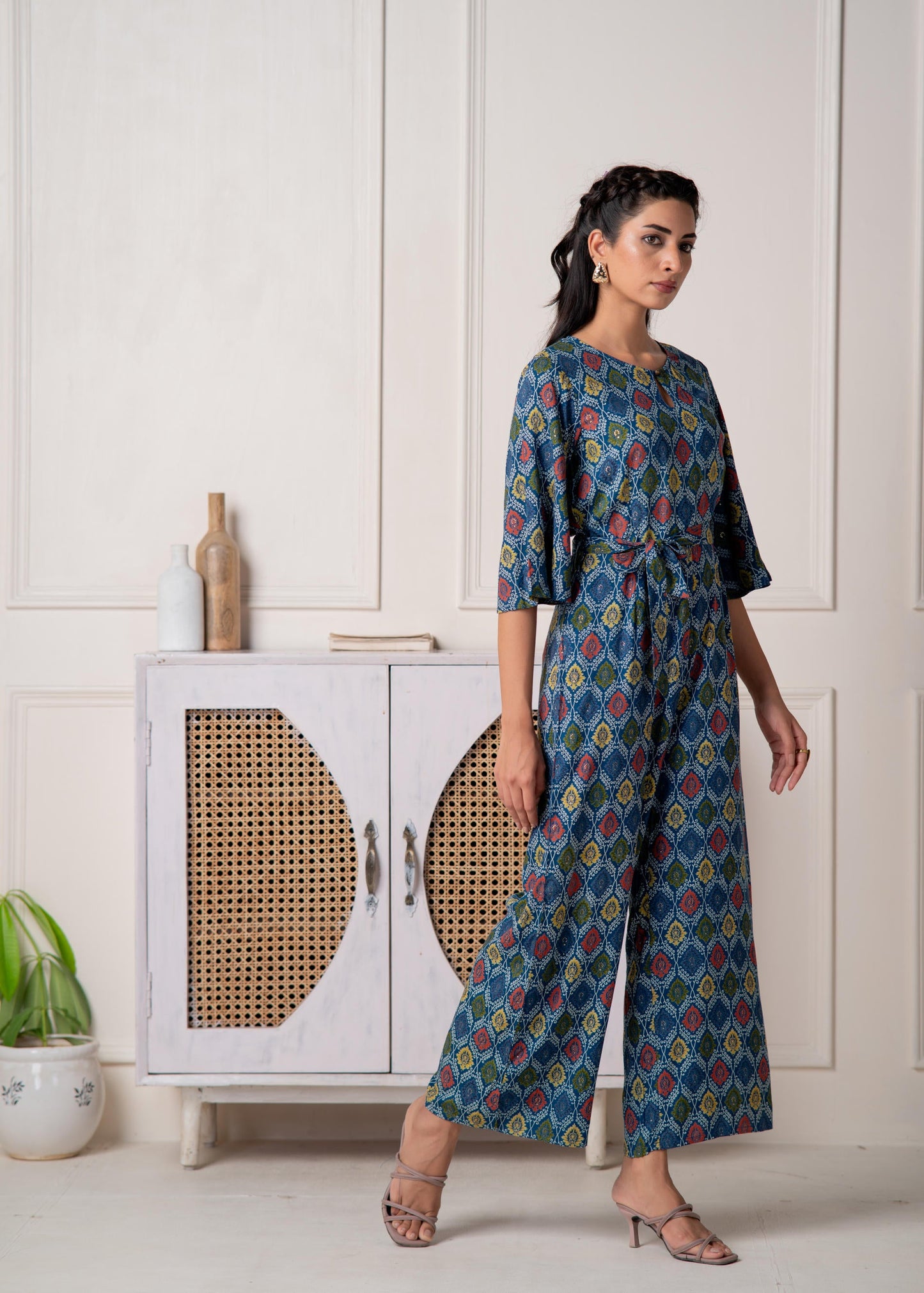 Juniper Teal Floral Printed Viscose Jumpsuit With Belt - Distacart