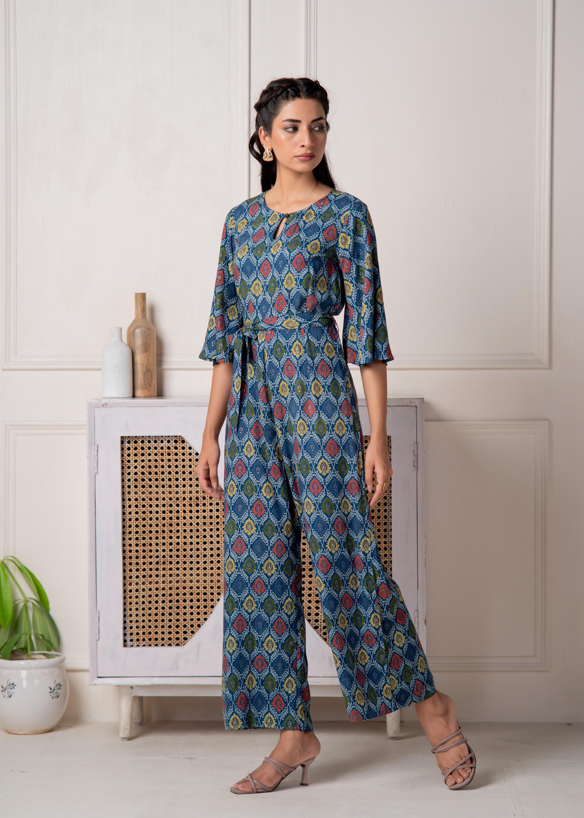 Juniper Teal Floral Printed Viscose Jumpsuit With Belt