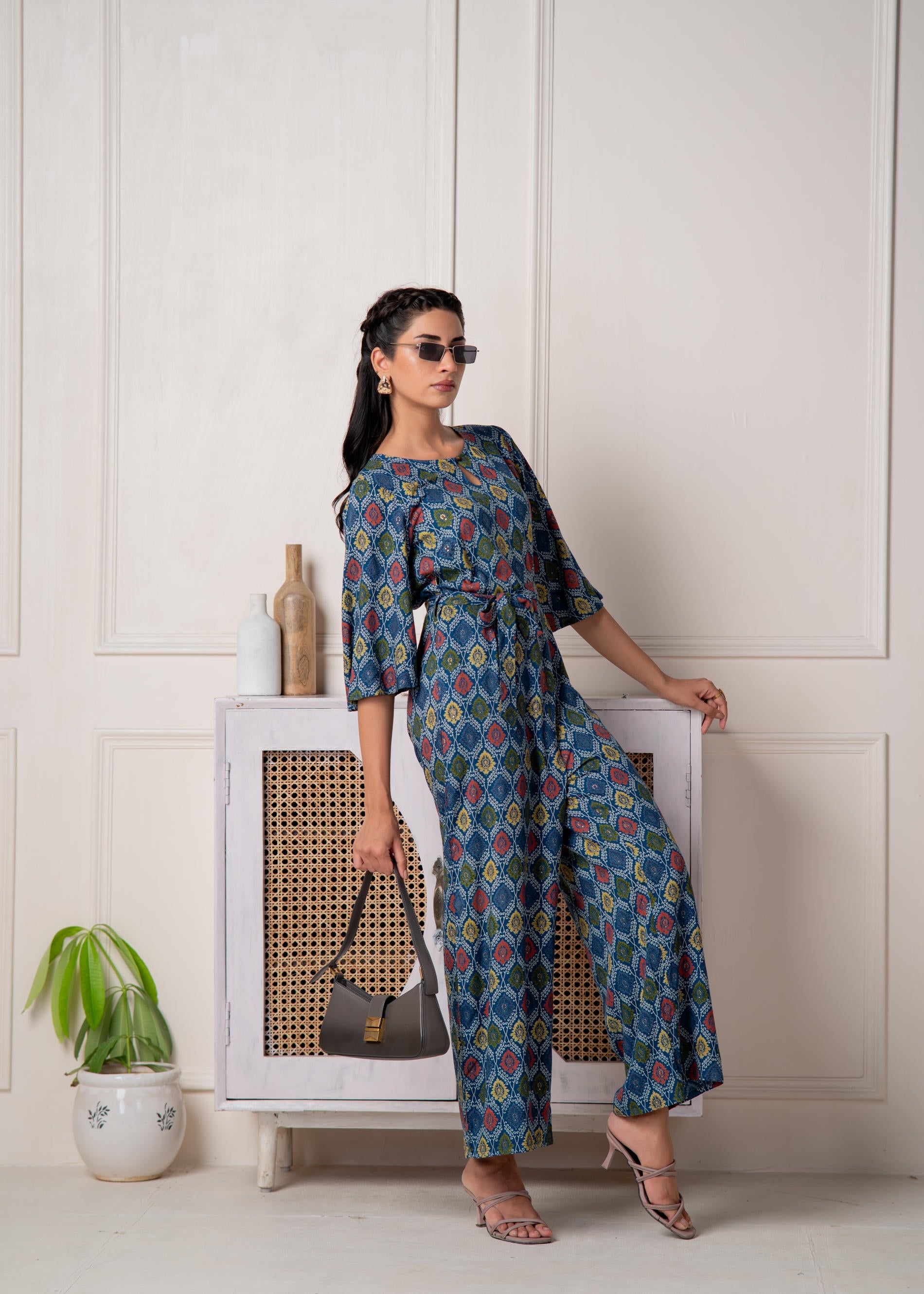 Juniper Teal Floral Printed Viscose Jumpsuit With Belt