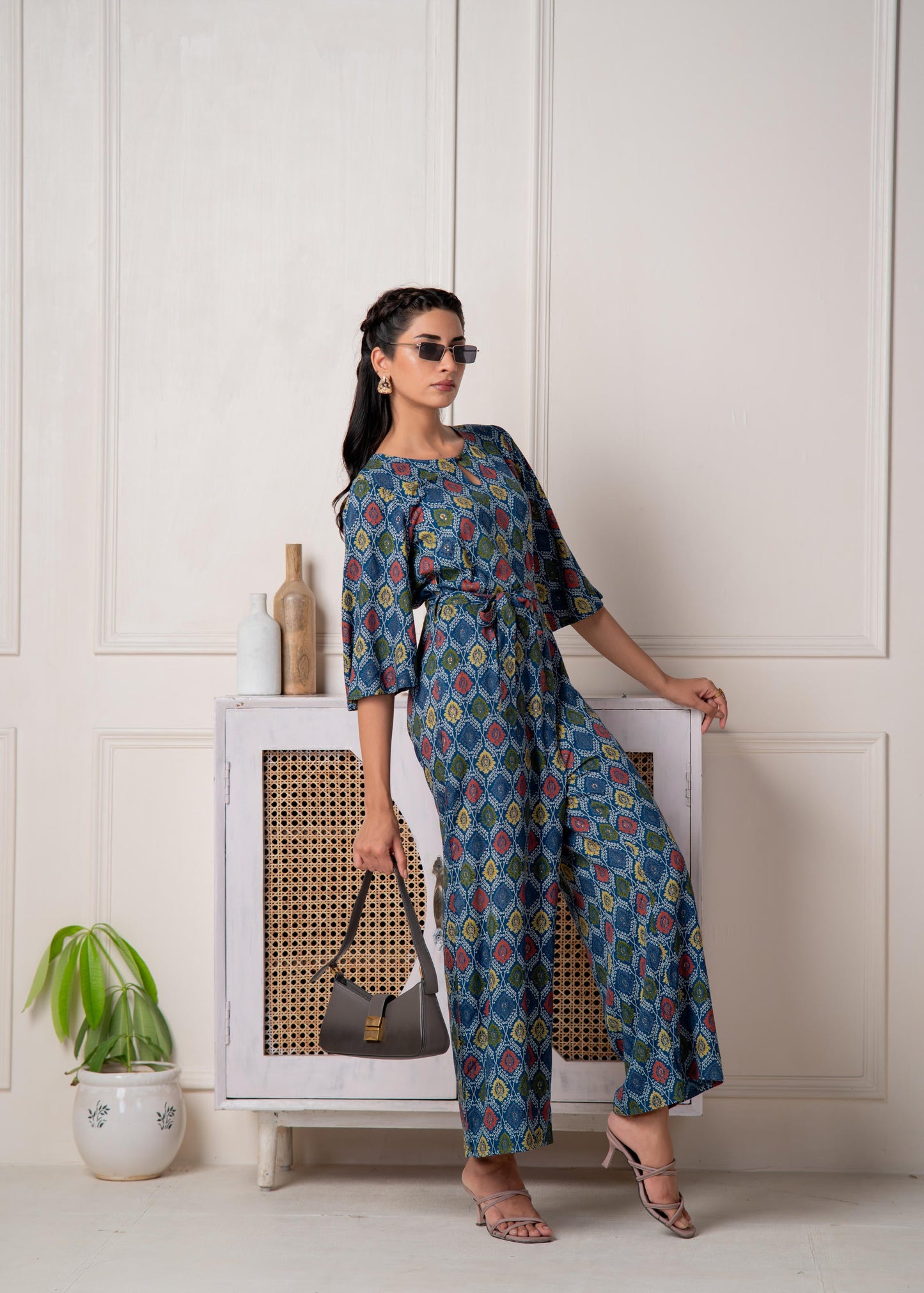 Juniper Teal Floral Printed Viscose Jumpsuit With Belt - Distacart