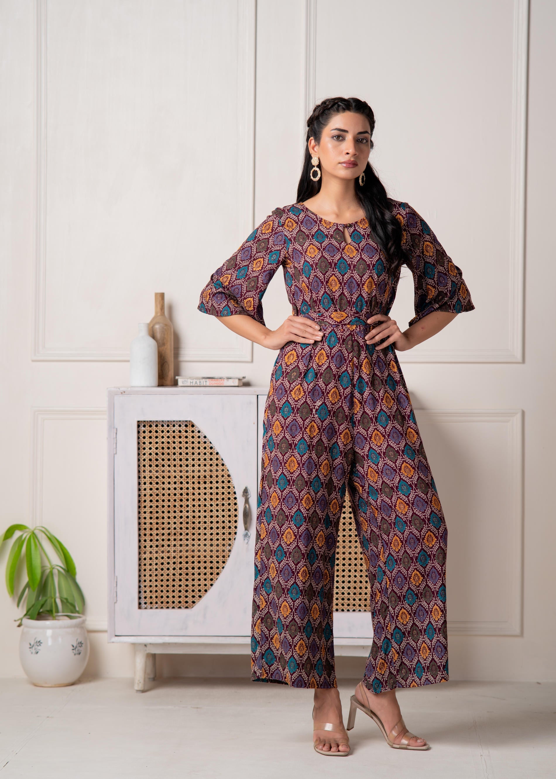 Juniper Wine Floral Printed Viscose Jumpsuit With Belt