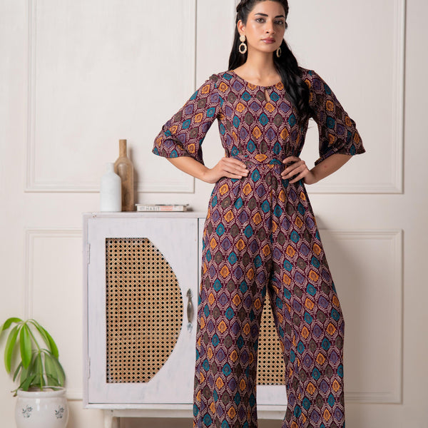 Juniper Wine Floral Printed Viscose Jumpsuit With Belt