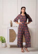 Thumbnail for Juniper Wine Floral Printed Viscose Jumpsuit With Belt