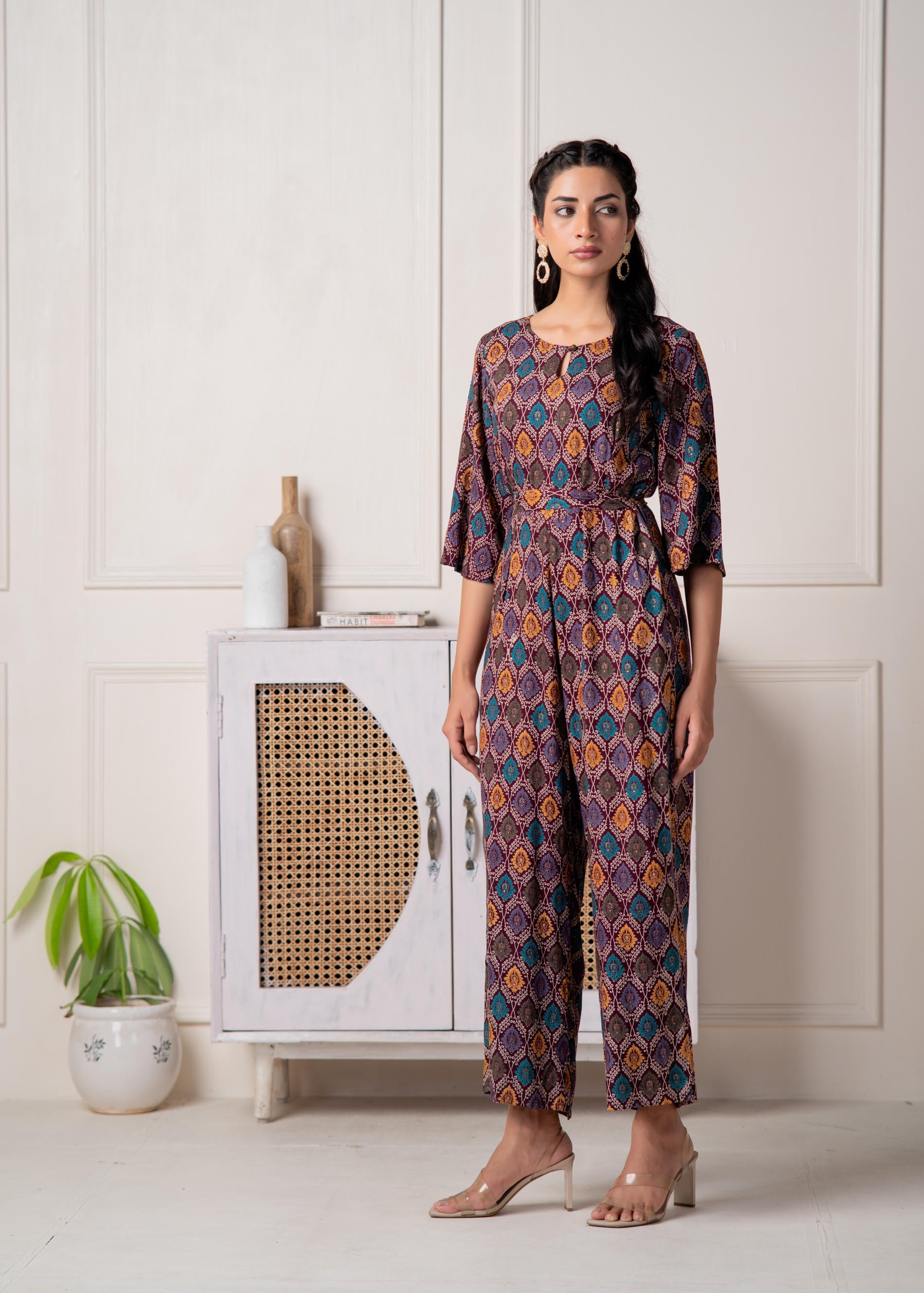 Juniper Wine Floral Printed Viscose Jumpsuit With Belt