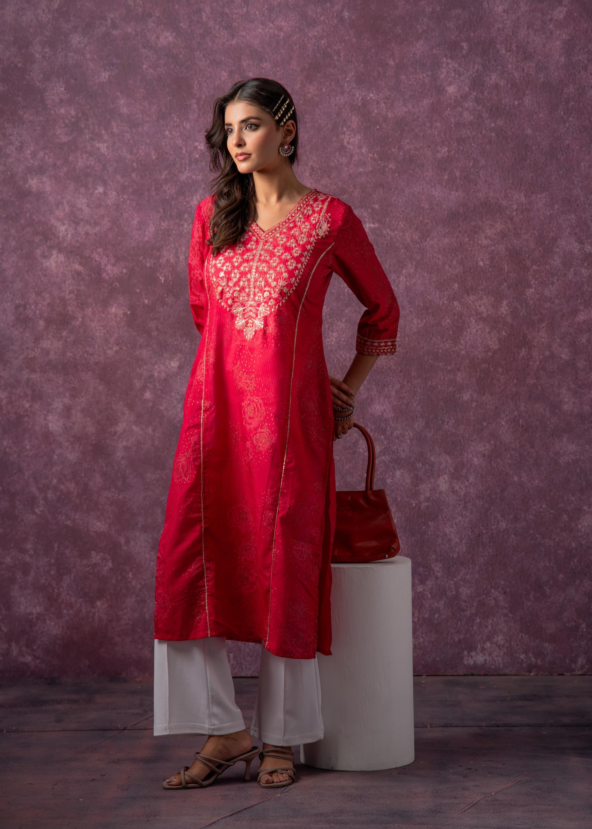 Juniper Rust Red Embroidered Straight Kurta - Distacart