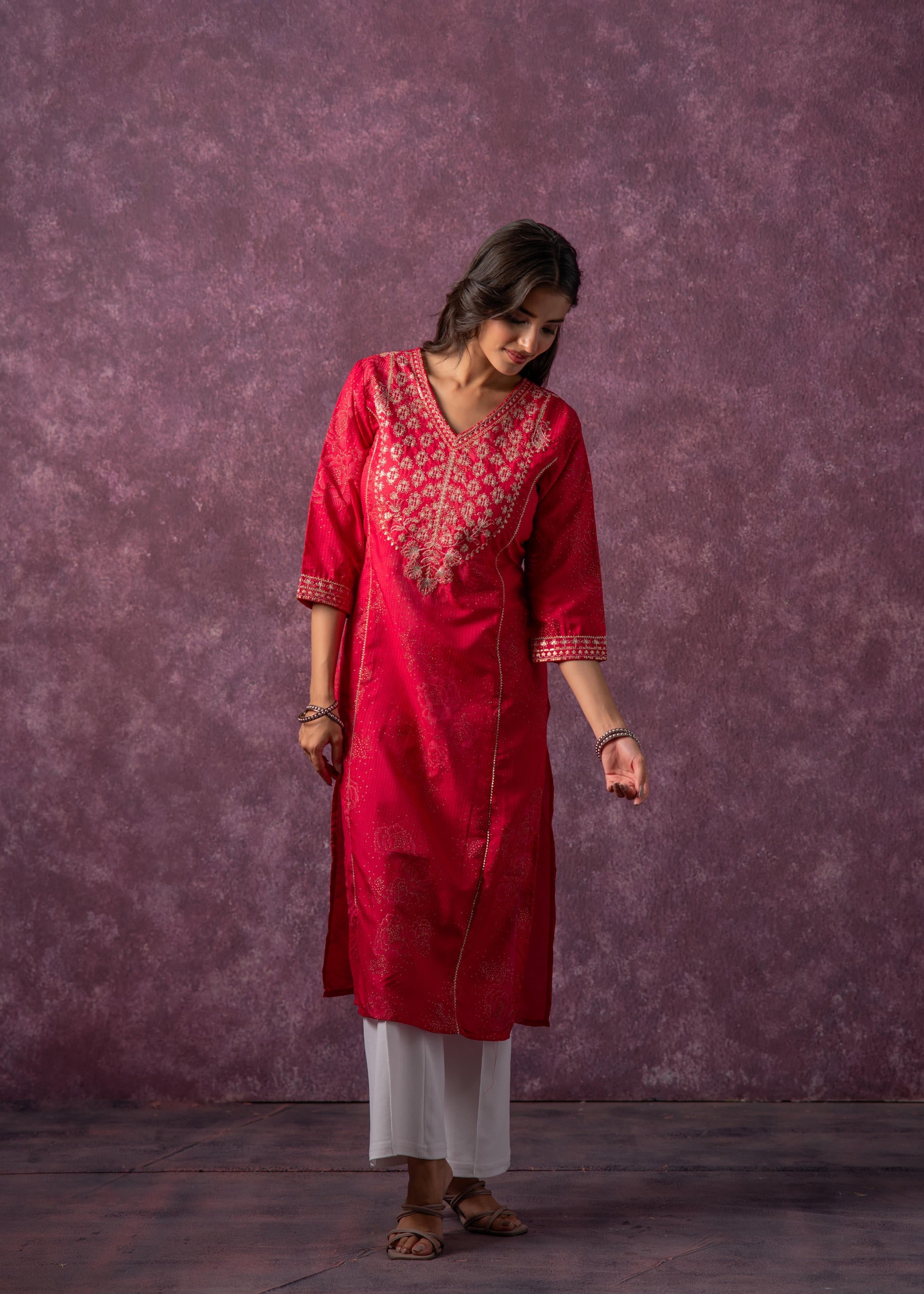 Juniper Rust Red Embroidered Straight Kurta