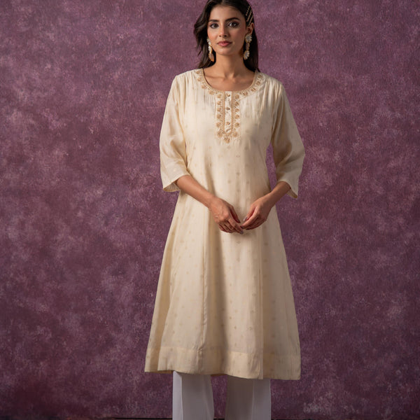 Juniper Ivory Glow Kurta Set With Subtle Zari Detailing