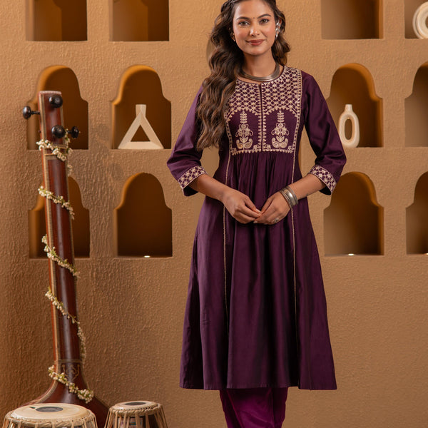 Juniper Wine Embroidered Yoke Kurta
