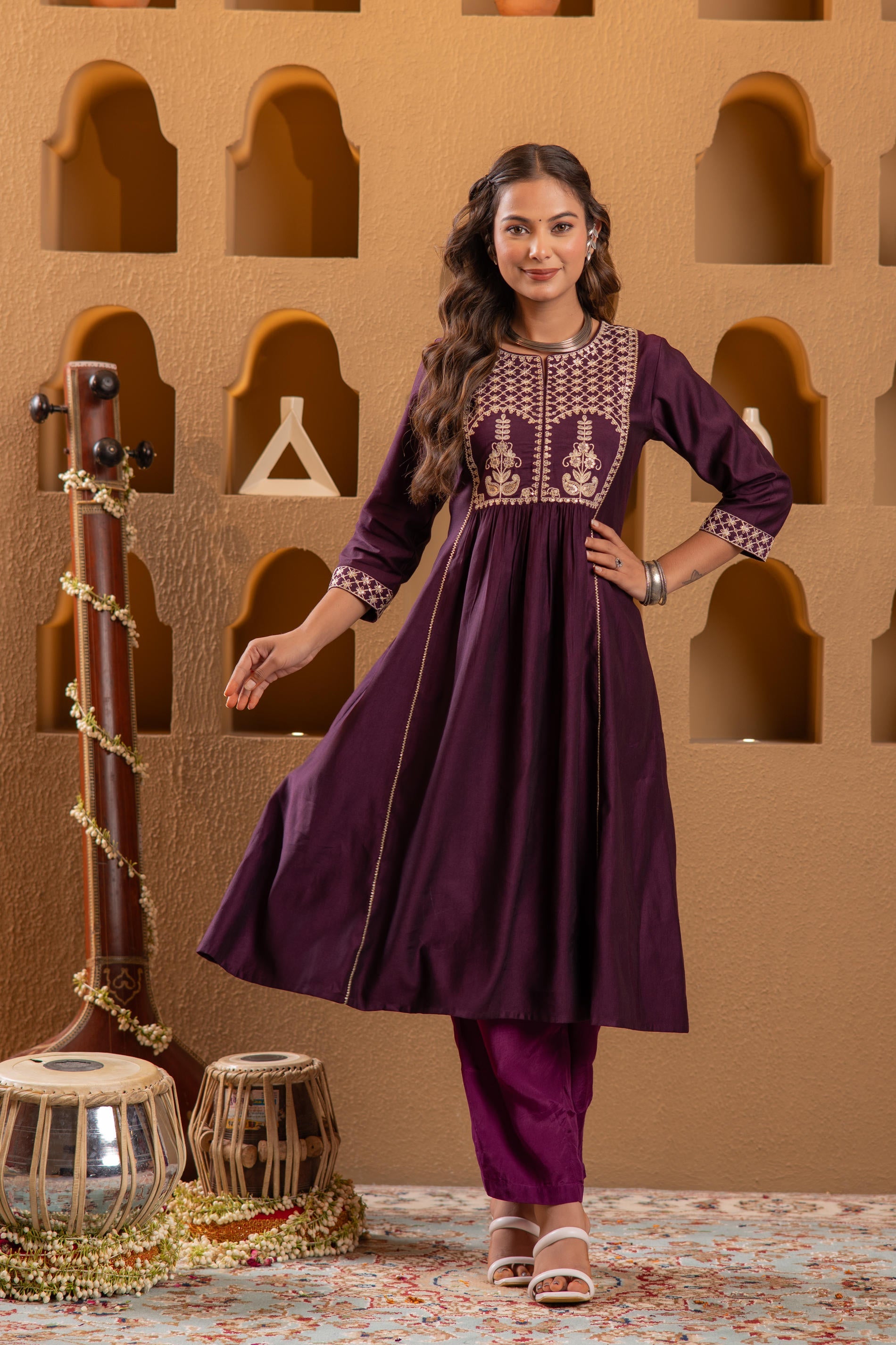Juniper Wine Embroidered Yoke Kurta