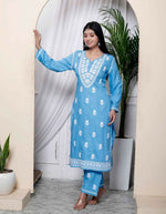 Thumbnail for Miravan Womens Blue Embroidered Kurta With Palazzo - Distacart