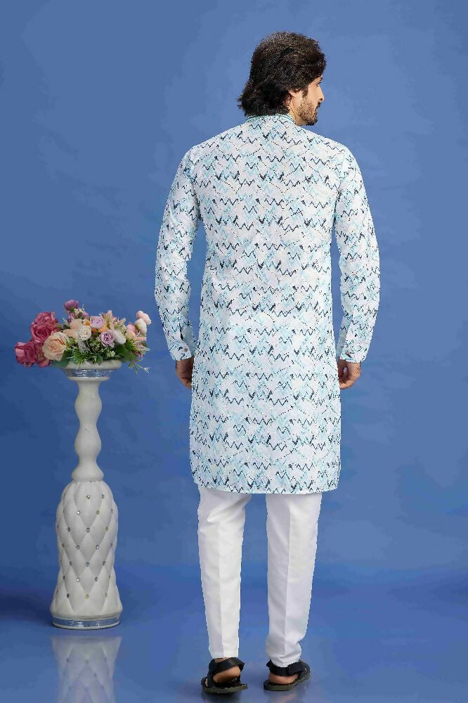 Raivat Ethnic Cotton Embroidery Kurta Pajama In Sky Blue Colour - Dista