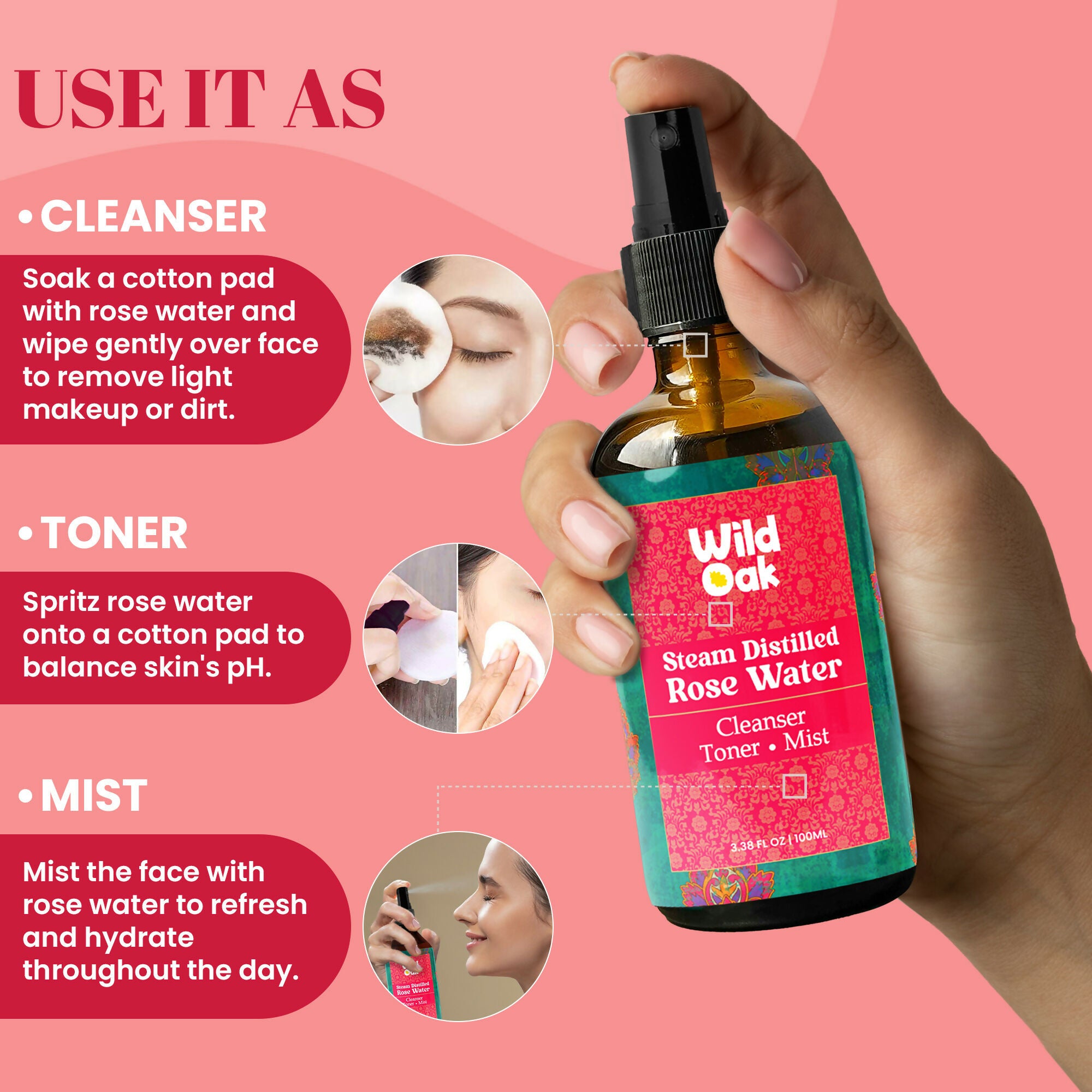 Wild Oak Steam Distilled 100% Pure Bulgarian Rose Water Face Toner - Distacart