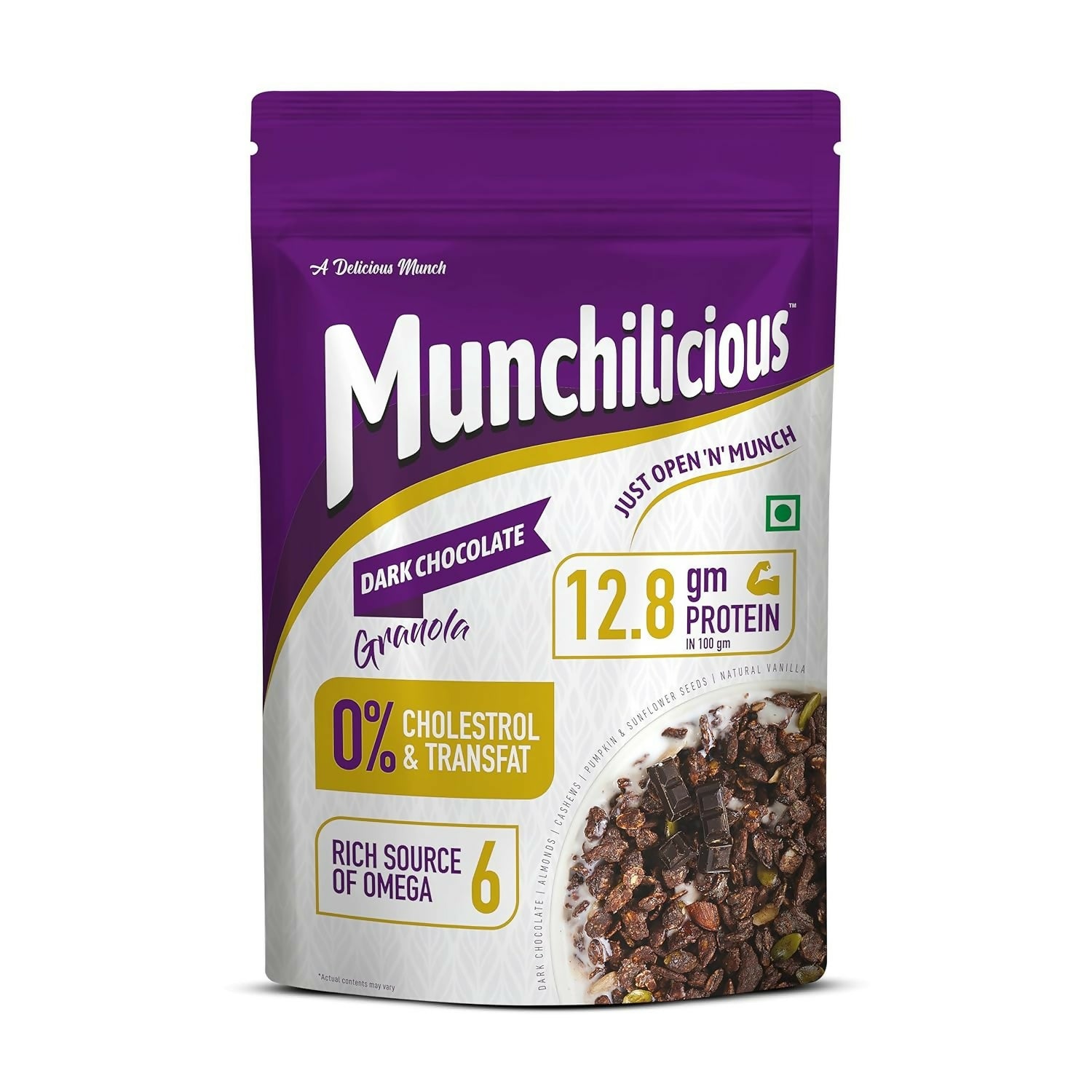 Munchilicious Granola - Dark Chocolate, Healthy & Nutritious Breakfast Cereal with Whole Nuts - Distacart