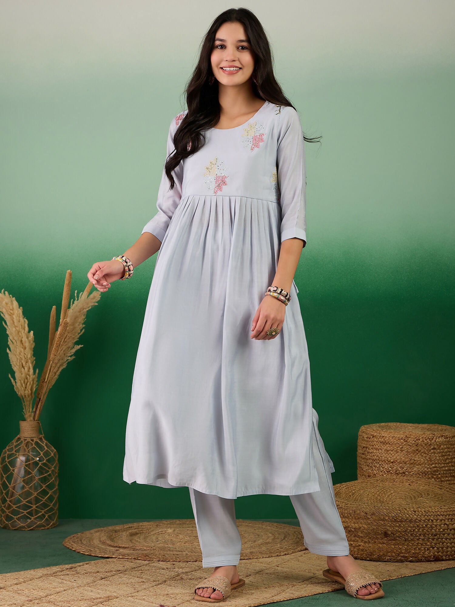 Blue Embroidered Muslin Kurta and Trouser - Berlin - Distacart