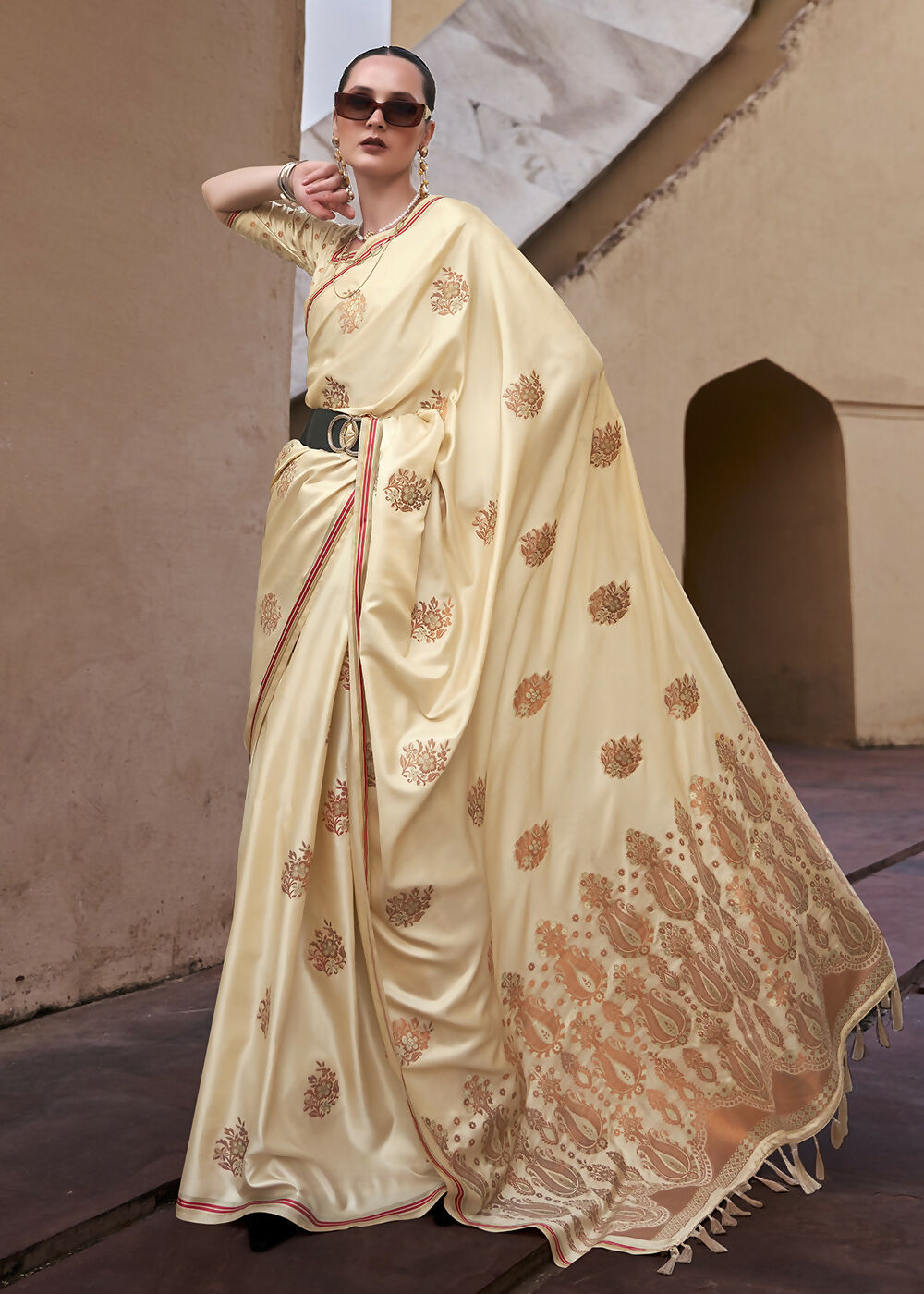 Buttermilk Beige Pure Satin Zari Weaving Wedding Festive Saree - Emponline - Distacart