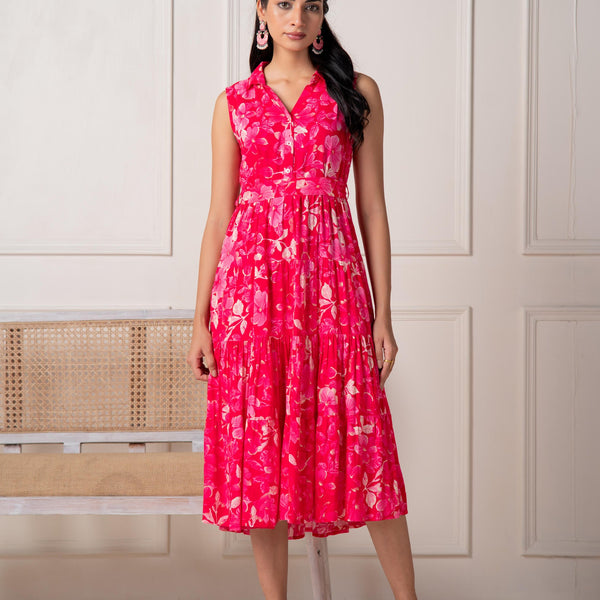Juniper Coral Fuchsia Sleeveless Floral Tiered Dress