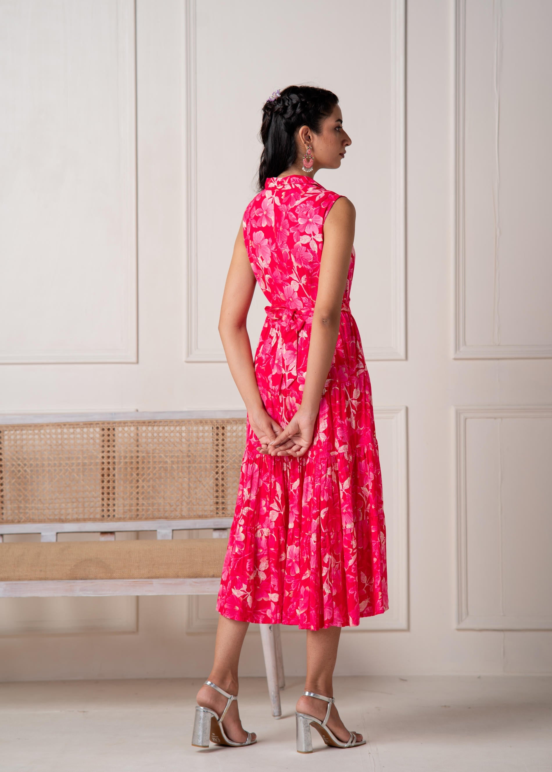 Juniper Coral Fuchsia Sleeveless Floral Tiered Dress