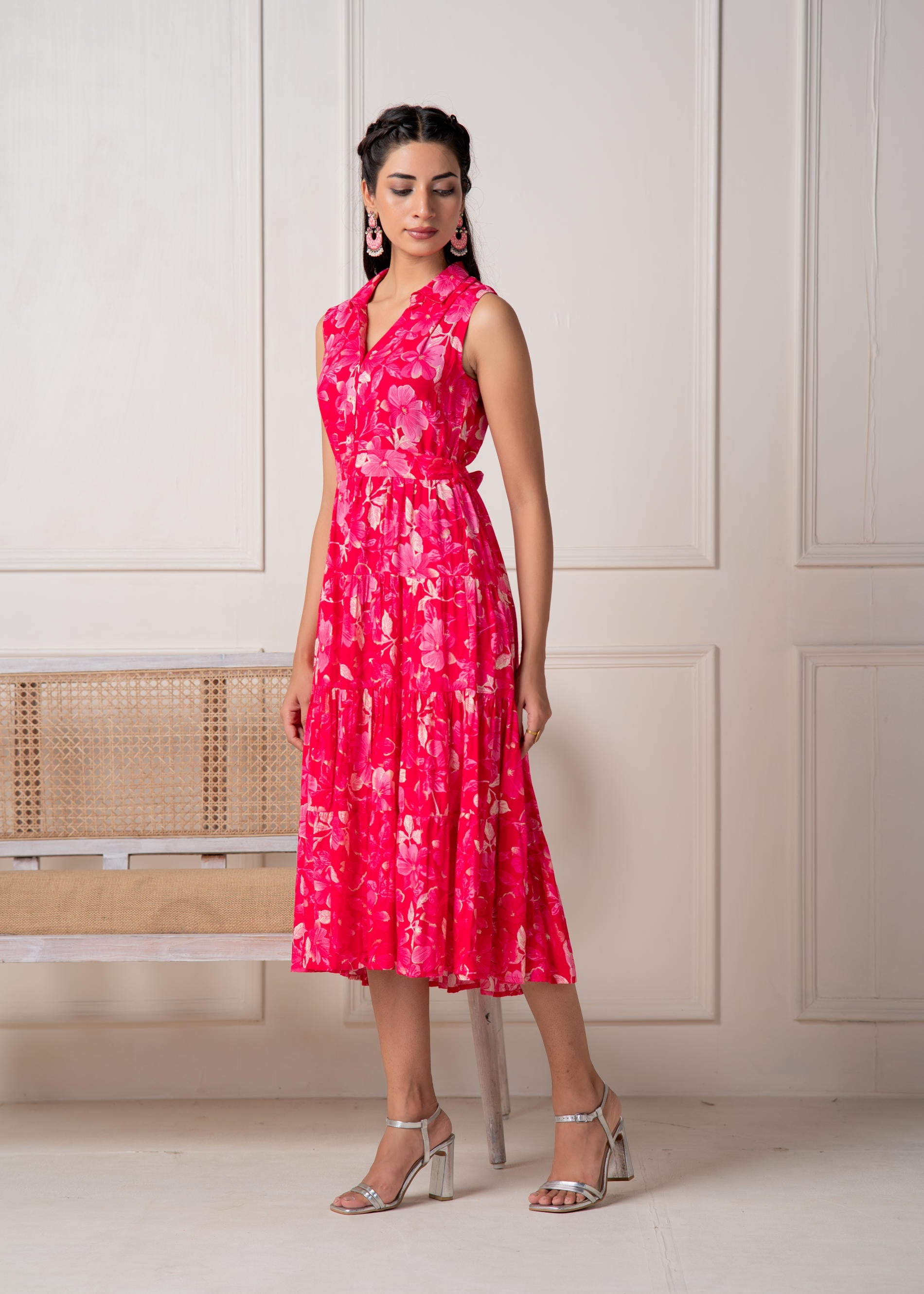 Juniper Coral Fuchsia Sleeveless Floral Tiered Dress