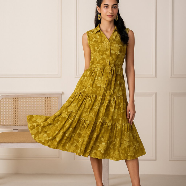 Juniper Coral Olivegreen Sleeveless Floral Tiered Dress - Distacart