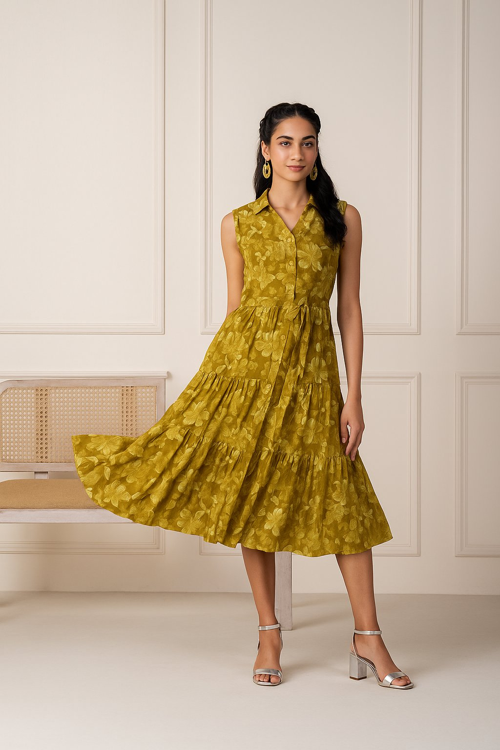 Juniper Coral Olivegreen Sleeveless Floral Tiered Dress - Distacart