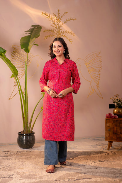 Juniper Fuchsia Floral Printed Straight Kurta - Distacart