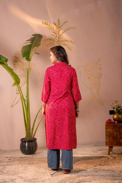Juniper Fuchsia Floral Printed Straight Kurta - Distacart
