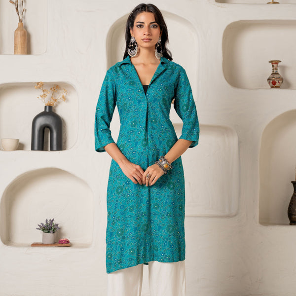 Juniper Teal Printed Collar-Neck Straight Kurta With Minimal Detailing - Distacart