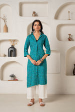 Thumbnail for Juniper Teal Printed Collar-Neck Straight Kurta With Minimal Detailing - Distacart