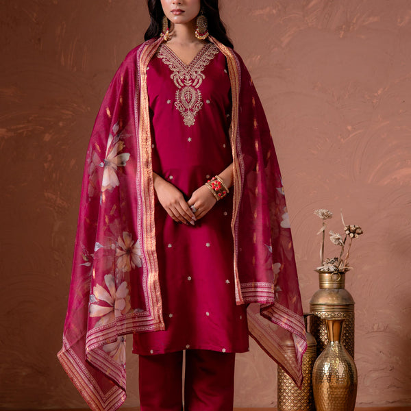 Juniper Cherry Embroidered Suit Set With Printed Floral Dupatta