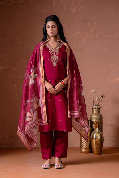 Juniper Cherry Embroidered Suit Set With Printed Floral Dupatta - Distacart